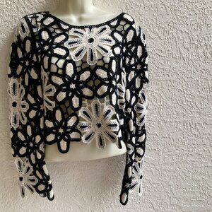 REBELLION AGAIN Cropped Sweater Top Sz S Crochet Black & Cream Boho Hippie